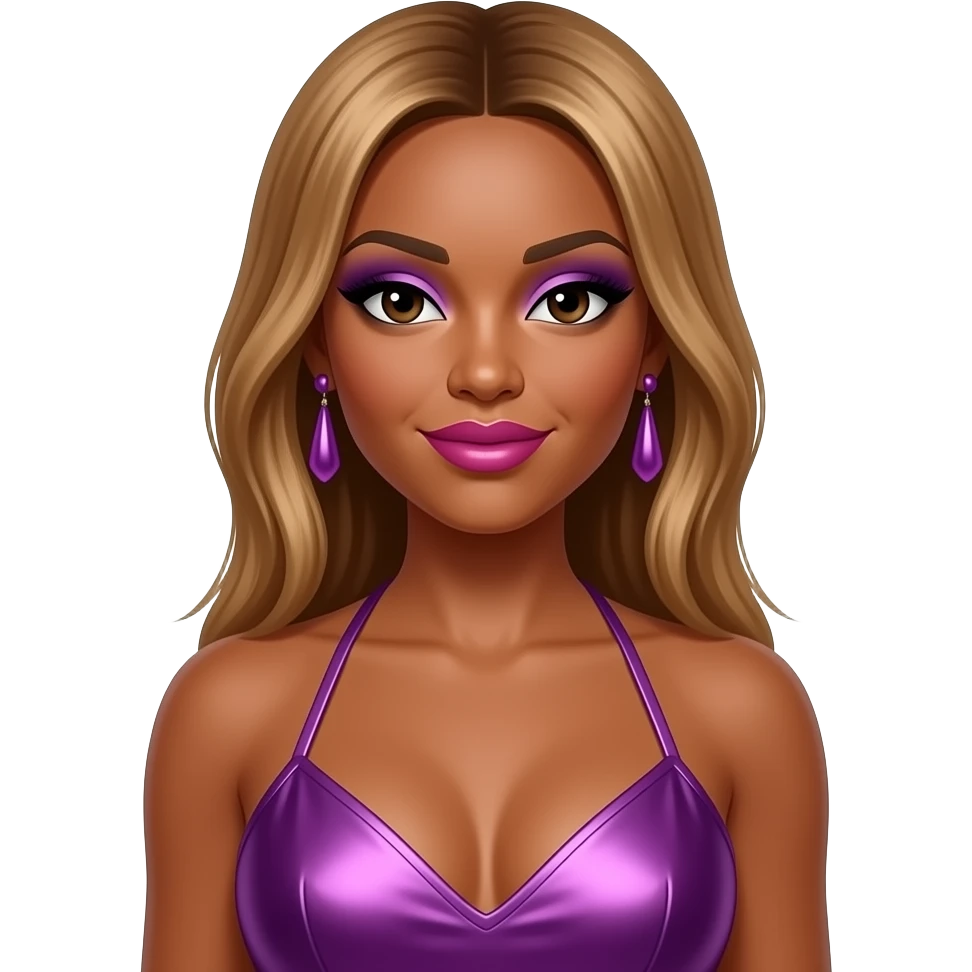 Melody Thornton from The Pussycat Dolls with dark skin, dark brown eyes, long golden brown straight hair, purple eyeshadow, hot pink lipstick, purple metallic halter dress, earrings emoji