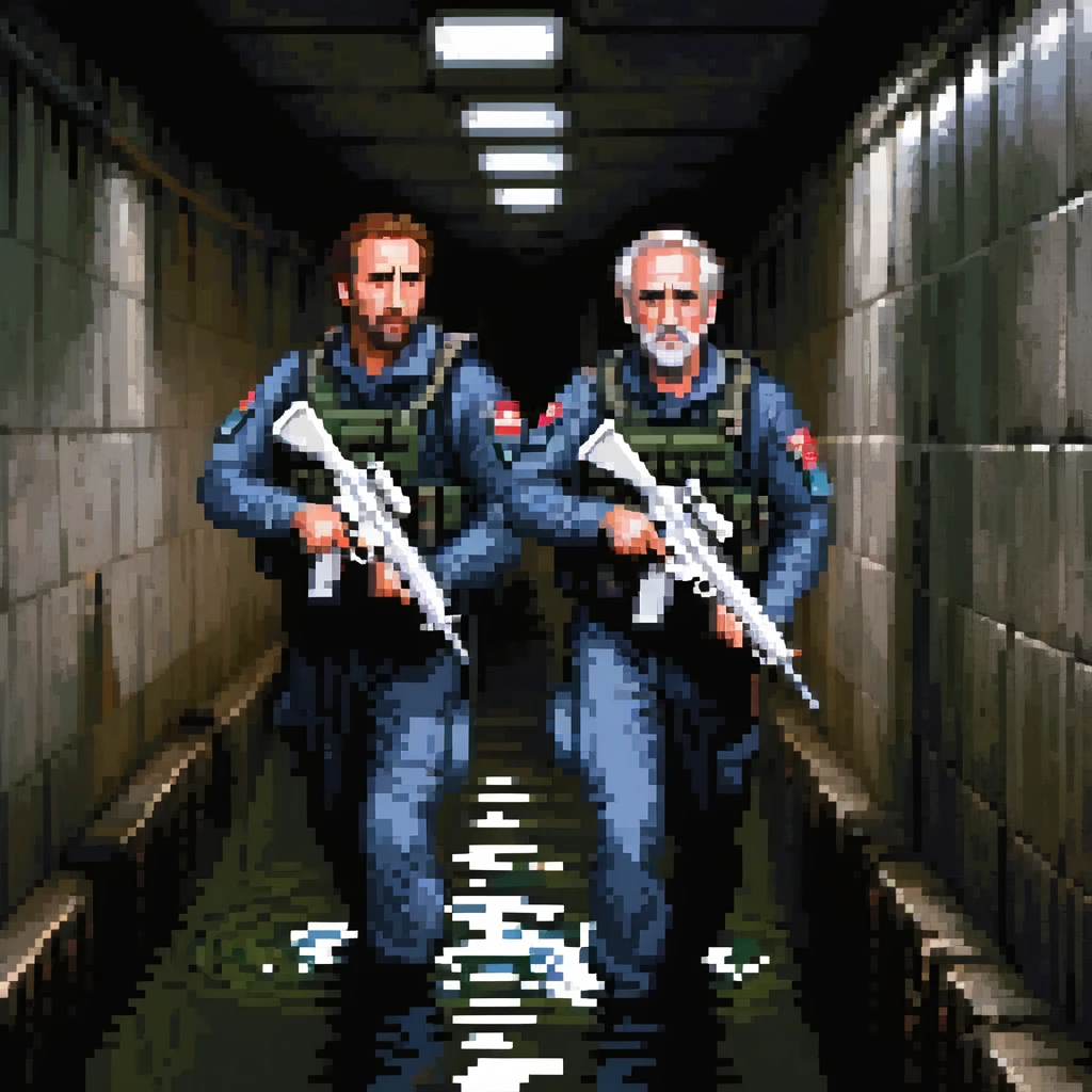 a SNES box art image of navy seals nicholas cage and sean cohnery sneaking through a dark sewer holding 2 mp5's, blue and orange color schemecutscene graphic - 3/4 side perspective emoji