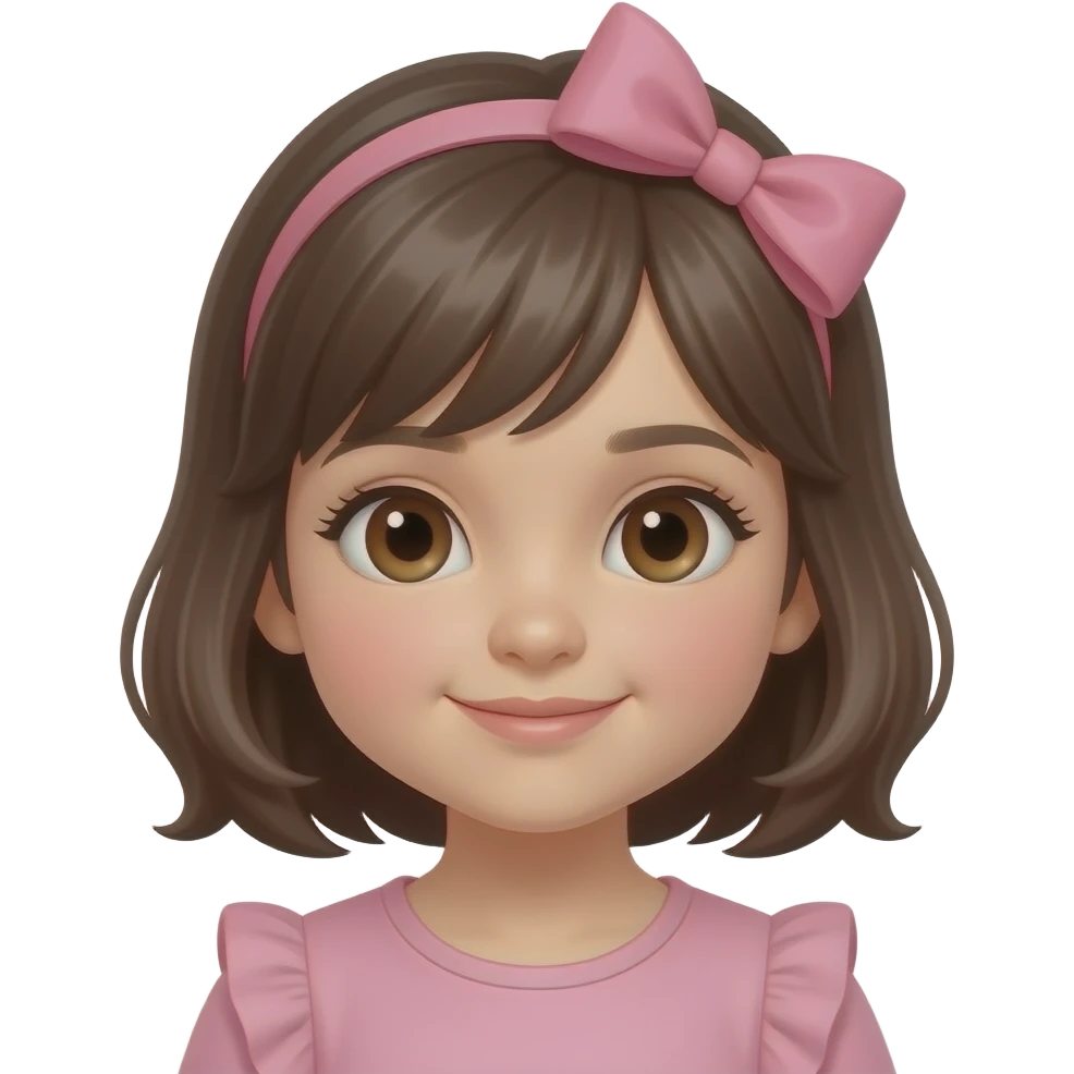 Stunning little girl with medium length hair and a pink bow in her hair and brown eyes emoji