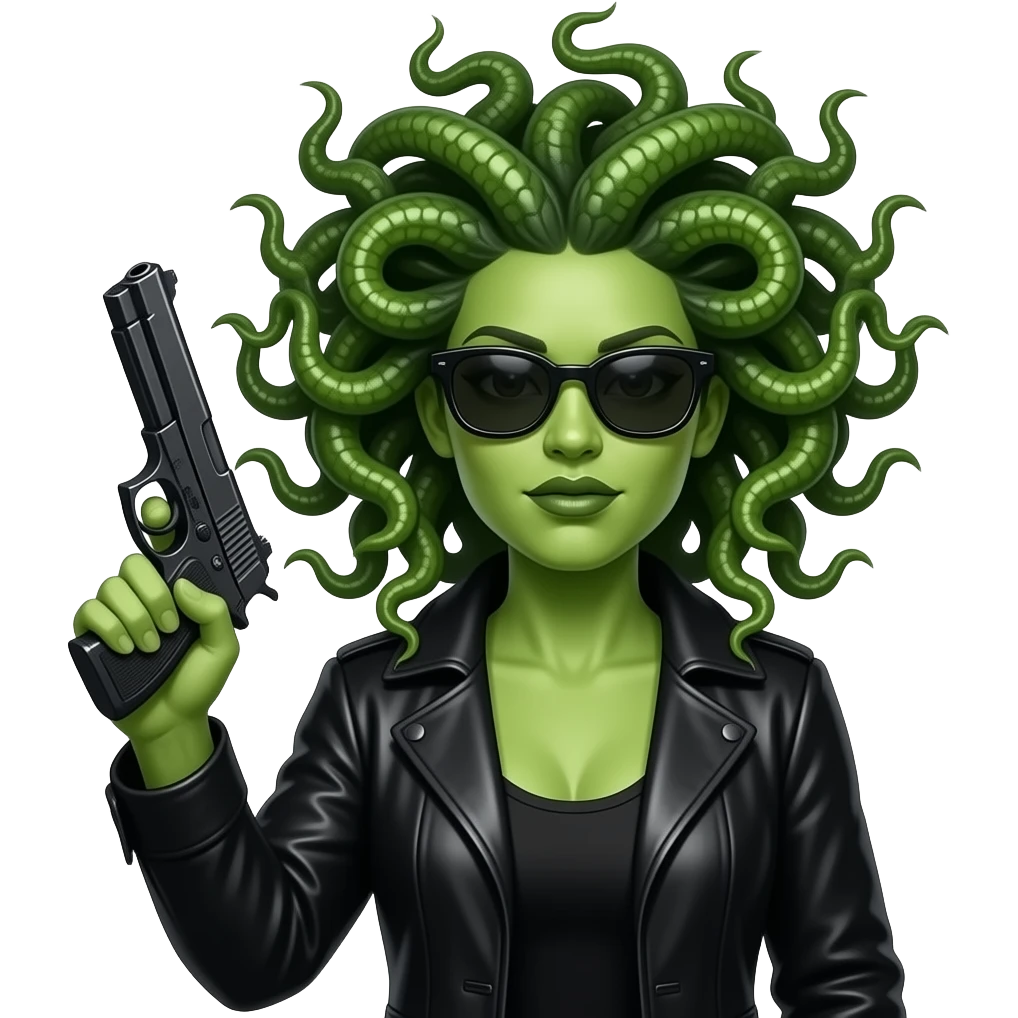 Medusa in black duster with sunglasses holding gun emoji
