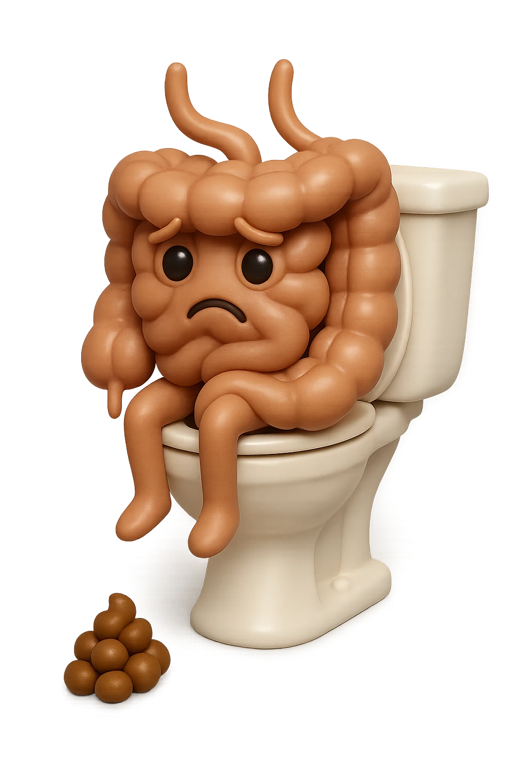 EMOJI STILE IPHONE 3D DI UN INTESTINO CHE sta seduto sul wc e davanti ha una montagnetta di feci a palline stile emoji iphone E FALLO MOLTO REALISTICO IN 3D emoji