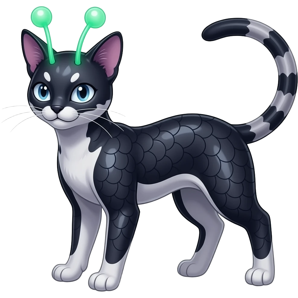 Abyssinian dark, scaly furry oil-blackish oily greyish, purplish, whitish abyss-fantasy-Zorua-Sprigatito-Absol-feline-Fakémon-fusion, with thin neon-glowing bulb-antennae-whiskers, full body emoji
