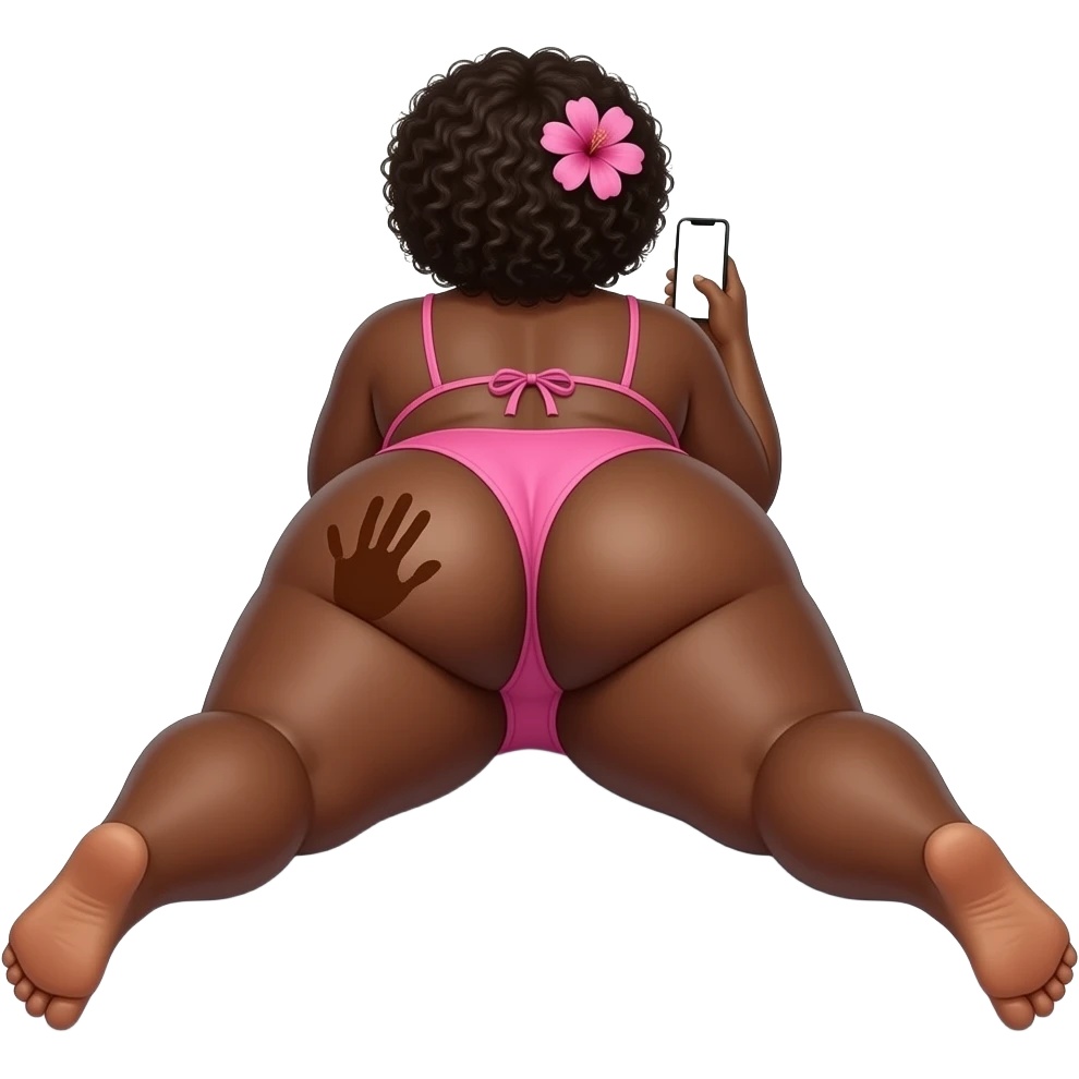 African extremely obese big booty bbl showing back its pink bikini massive thighs while wearing a pink flower on its head while laying front while watching on its phone a white screen and the camera is facing at her left buttock legs spread an brown hand print on left buttock emoji