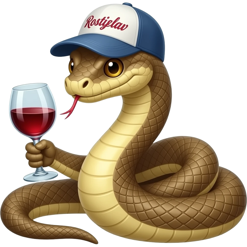 A snake in a cap with the inscription Rostislav in one hand holds a glass of wine in the other, nothing emoji