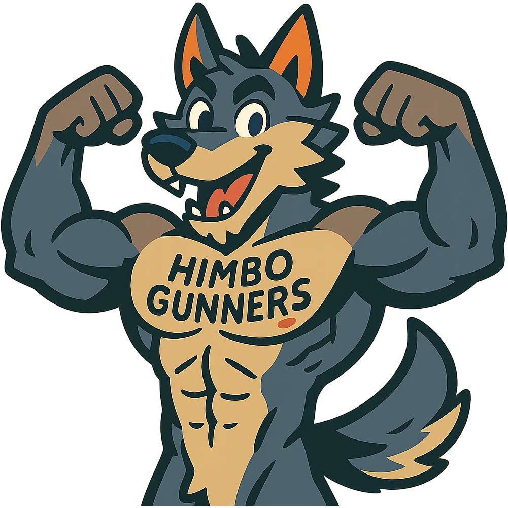 very muscular wolf furry, shirtless, 'Himbo Gunners' tattooed on chest, flexing pose, energetic and playful emoji