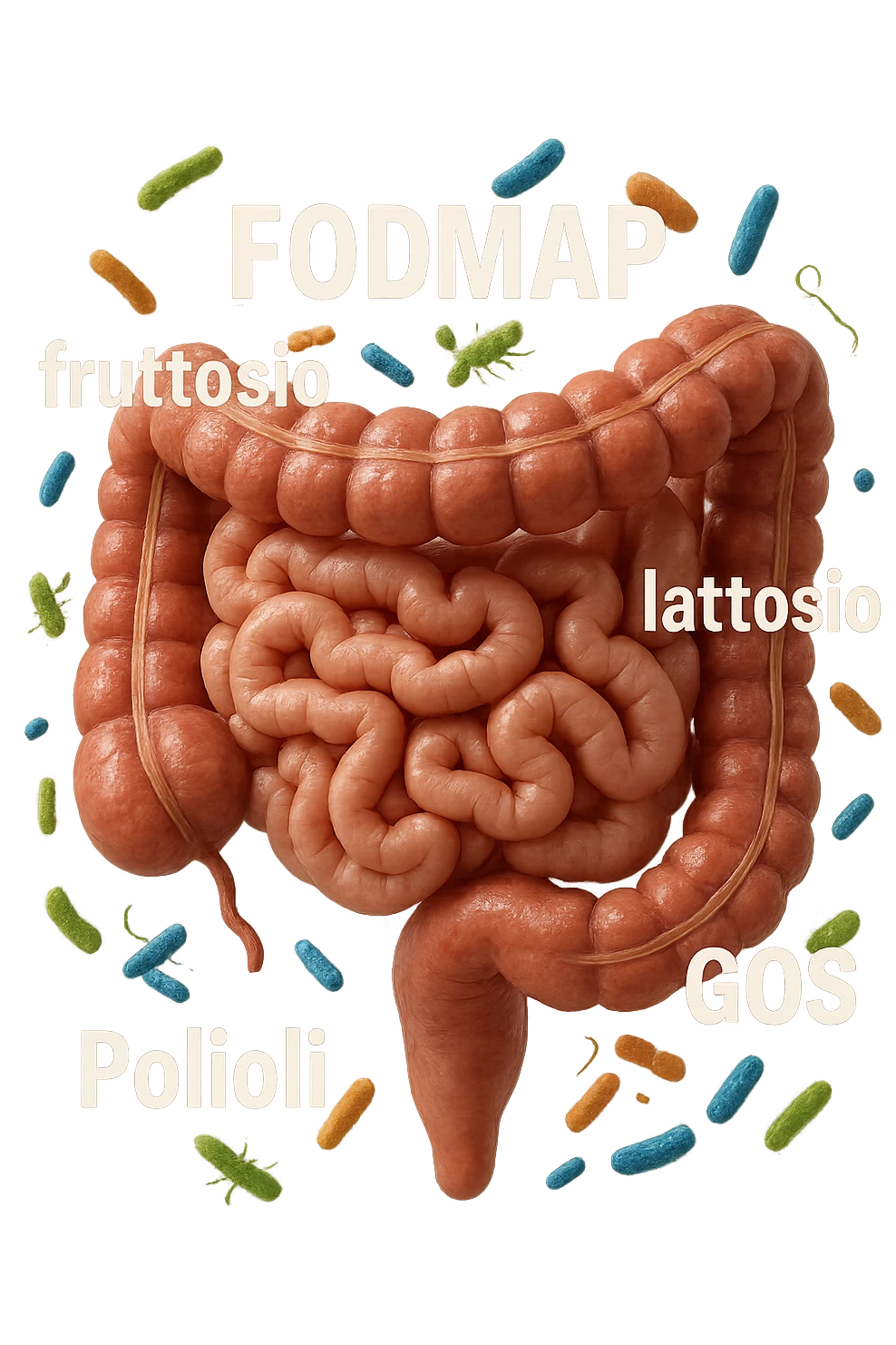 intestino umano anatomico con parole TIPO "FODMAP, fruttosio, lattosio, GOS, Polioli" in italiano CHE GLI FLUTTUANO INTORNO INSIEME A BATTERI INTESTINALI, iperrealistica 4k emoji