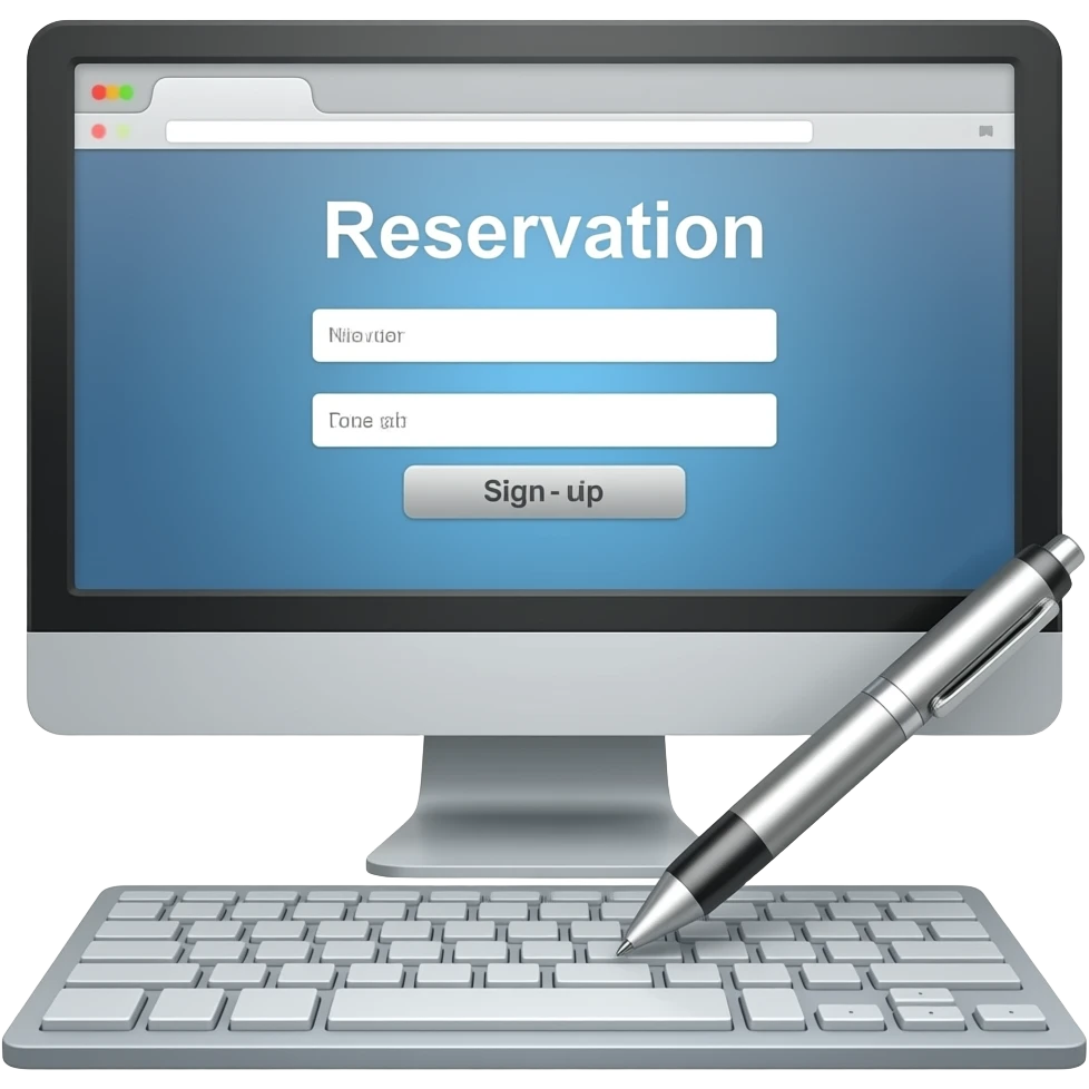 Sign up word with Reservation site wIth computer with no people with touch pen emoji