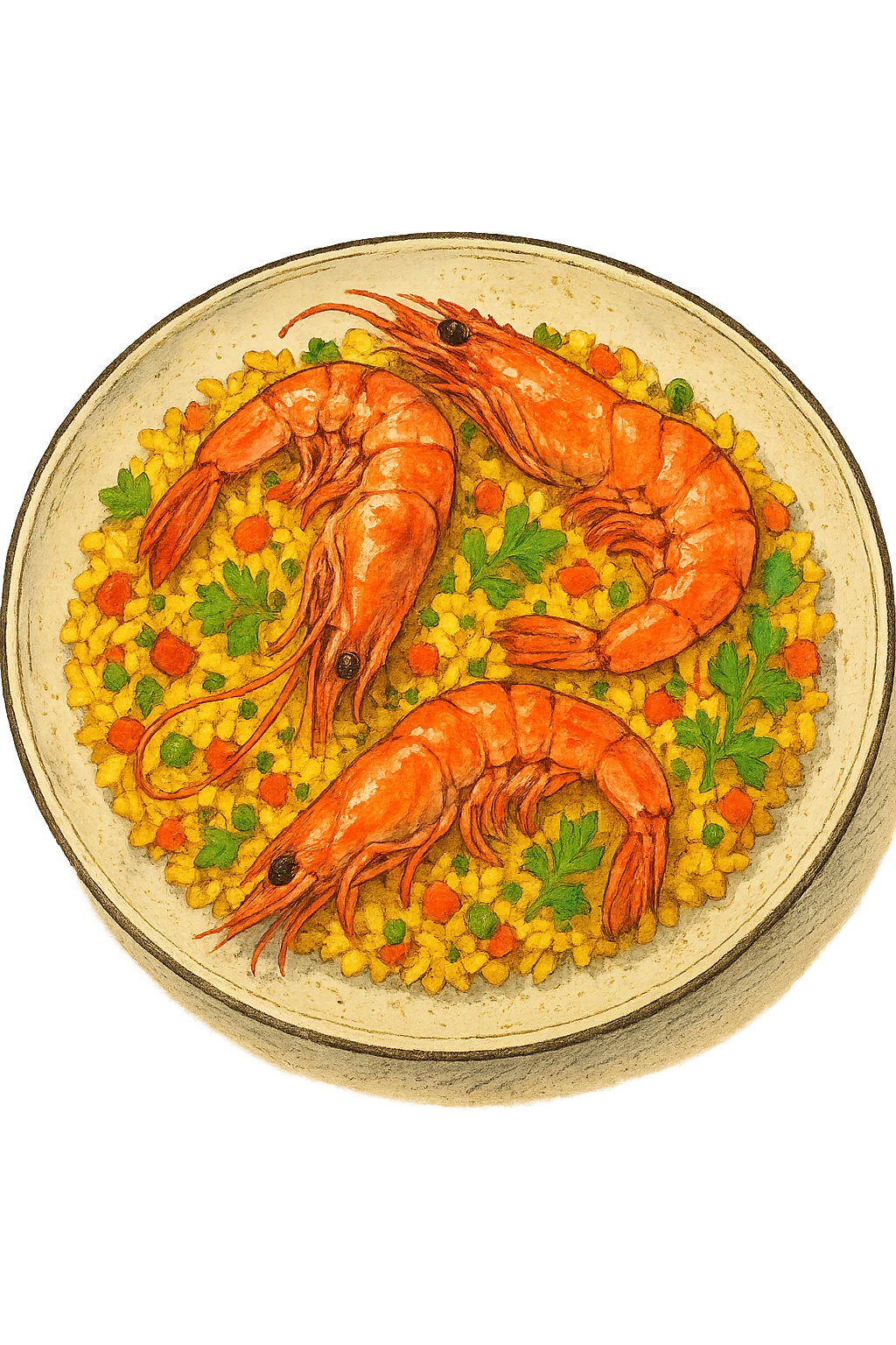Riso Freddo stile Paella con Mazzancolle in un piatto emoji