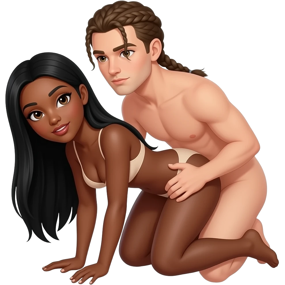 Lightskin black woman with brown eyes & long black straight hair wearing nothing nude bent over having sex with a skinny white man with hazel eyes & dark blonde braids wearing nothing nude emoji