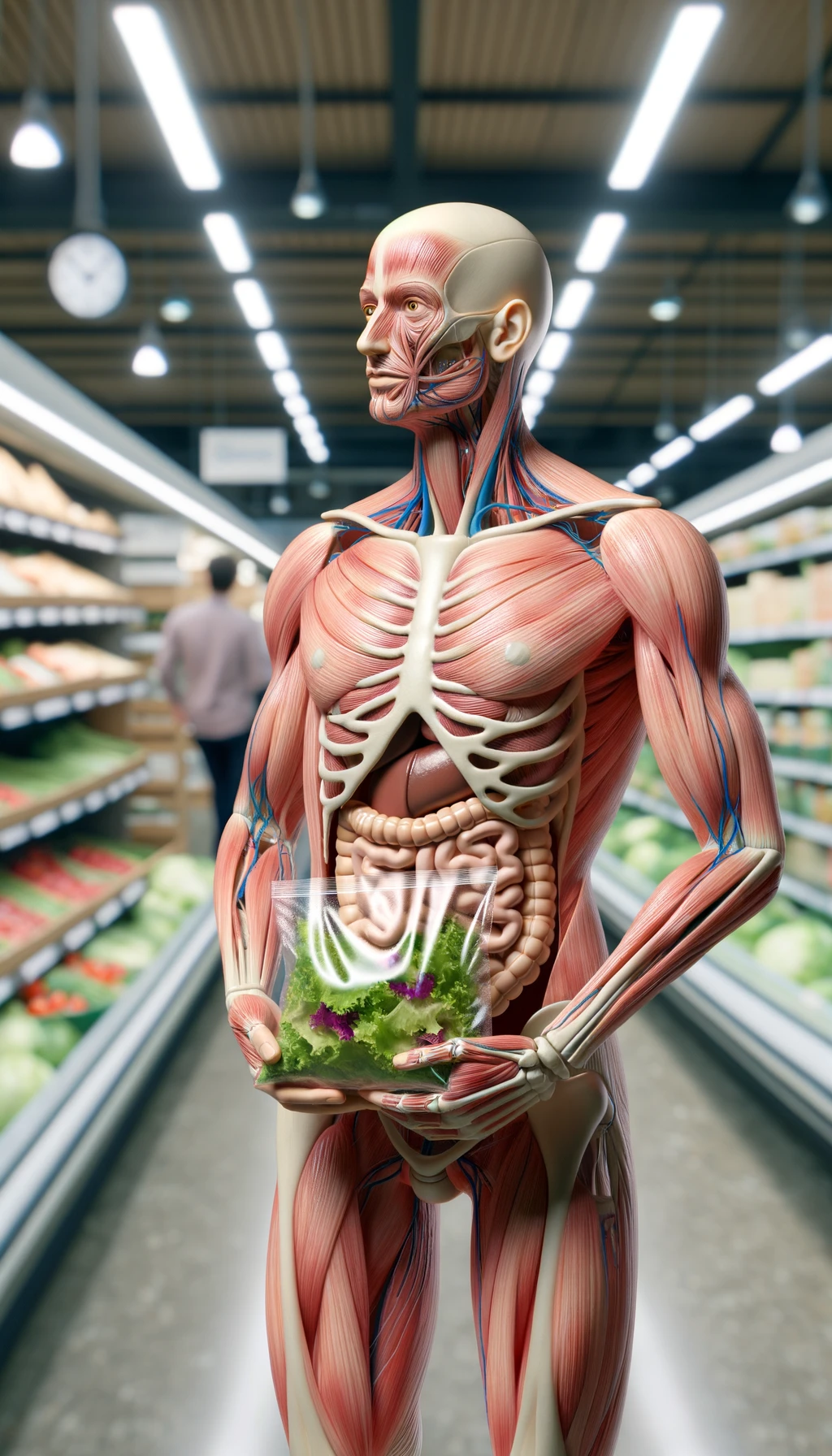 corpo umano anatomico con capelli corti in un supermercato che tiene in mano una busta di insalata di plastica preconfezionata, intestino anatomico realistico in evidenza, supermercato sfocato sullo sfondo emoji