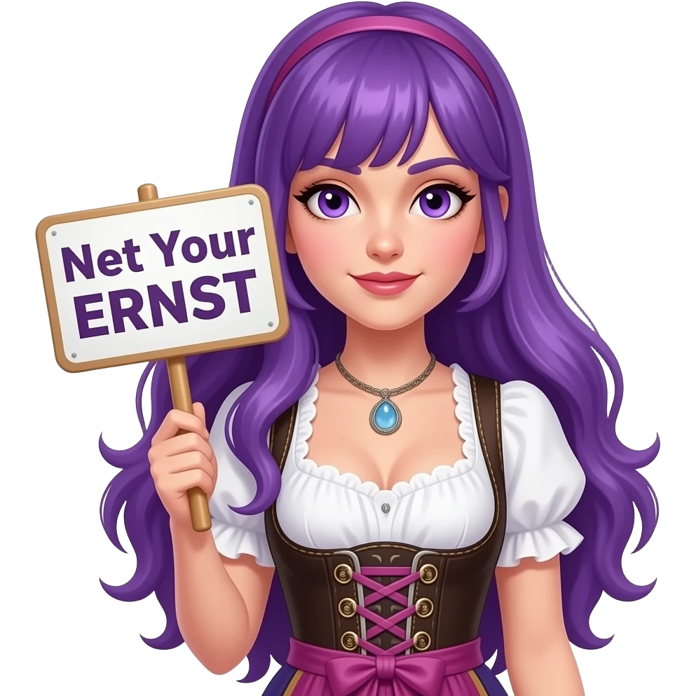 sexy girl with long purple hair and purple eyes wearing a dirndl holding a Not Your ERNST sign emoji