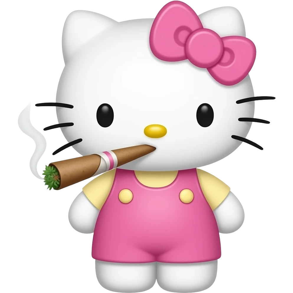 Hello kitty with light pink bow smoking a rolled marijuana blunt emoji