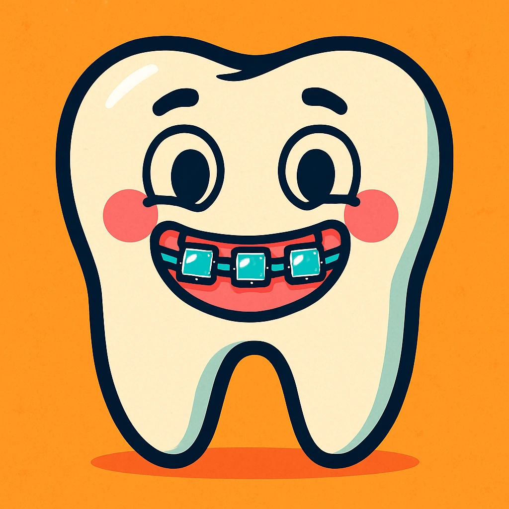 a cute tooth character with braces, cartoon style, smiling emoji