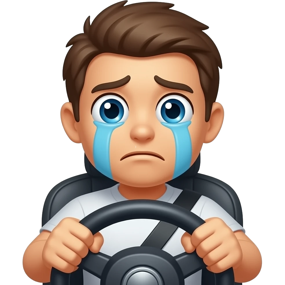 Totally tired vtc driver. He is crying because he is so tired. he is driving, we can see his hands on the wheel. his eyes are open and he looks frustrated. He is an emoji like shaped. emoji