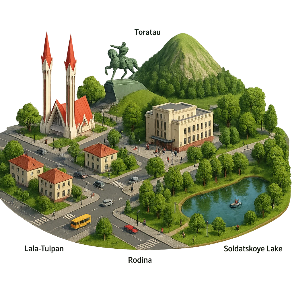 Изометричная чёткая миниатюрная фотореалистичная 3D модель панорамы Уфы — Ляля-Тюльпан, Памятник Салавату Юлаеву, Торатау, Кинотеатр «Родина», Парк Якутова и озеро Солдатское, дома, люди, автотранспорт. Вид сверху в изометрии, яркие цвета, прозрачный фон, компактная композиция. emoji
