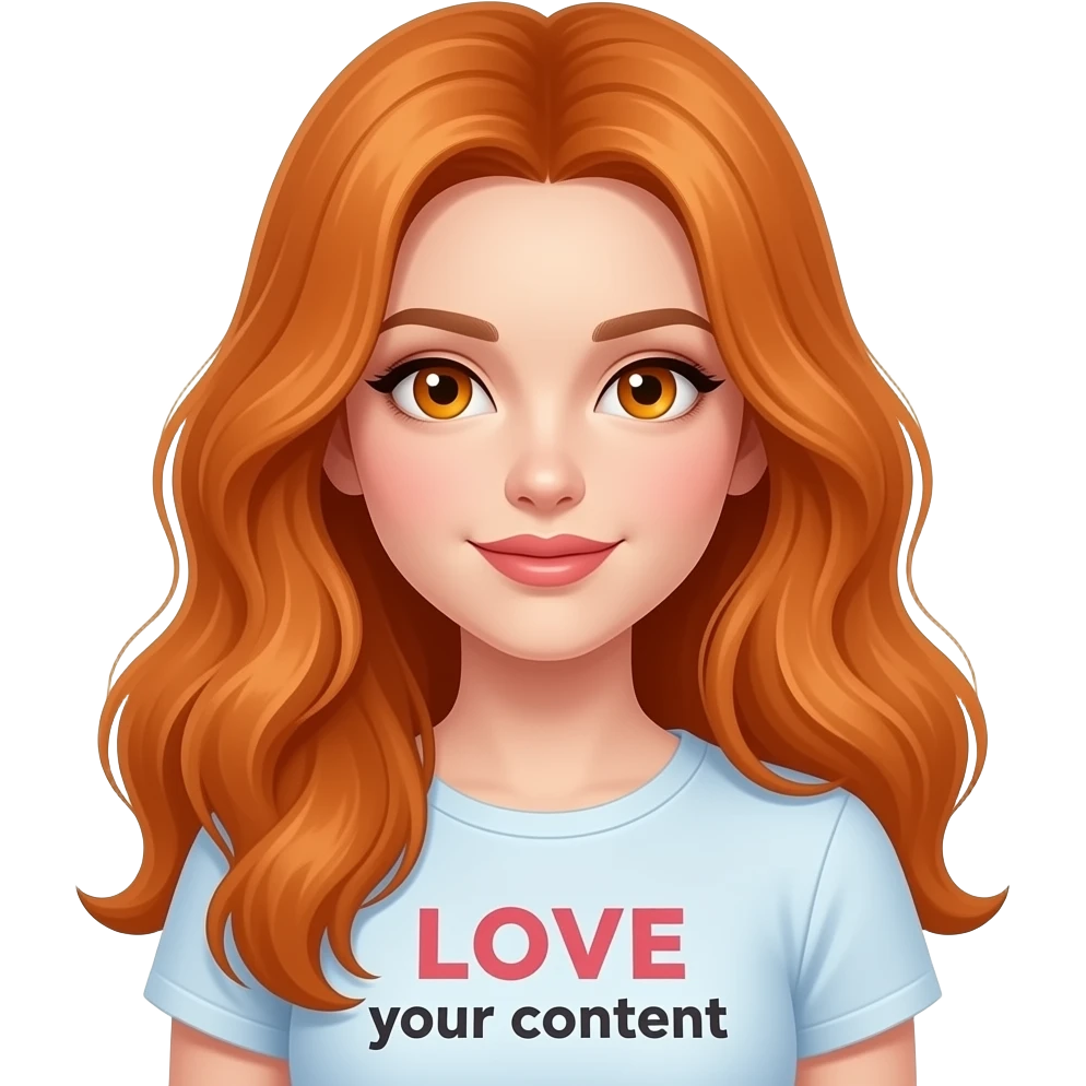 sexy girl with overlong ginger hair and ginger eyes a top with LOVE your content written on it emoji