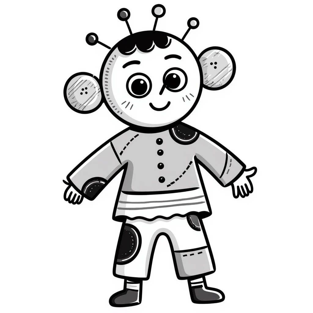 A hand-drawn colorful voodoo doll with stitches, multicolored fabric patches, big button eyes, and pins sticking out emoji