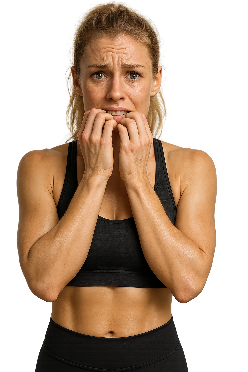 donna fitness bionda e bella ma nervosa, iperrealistica 4k emoji