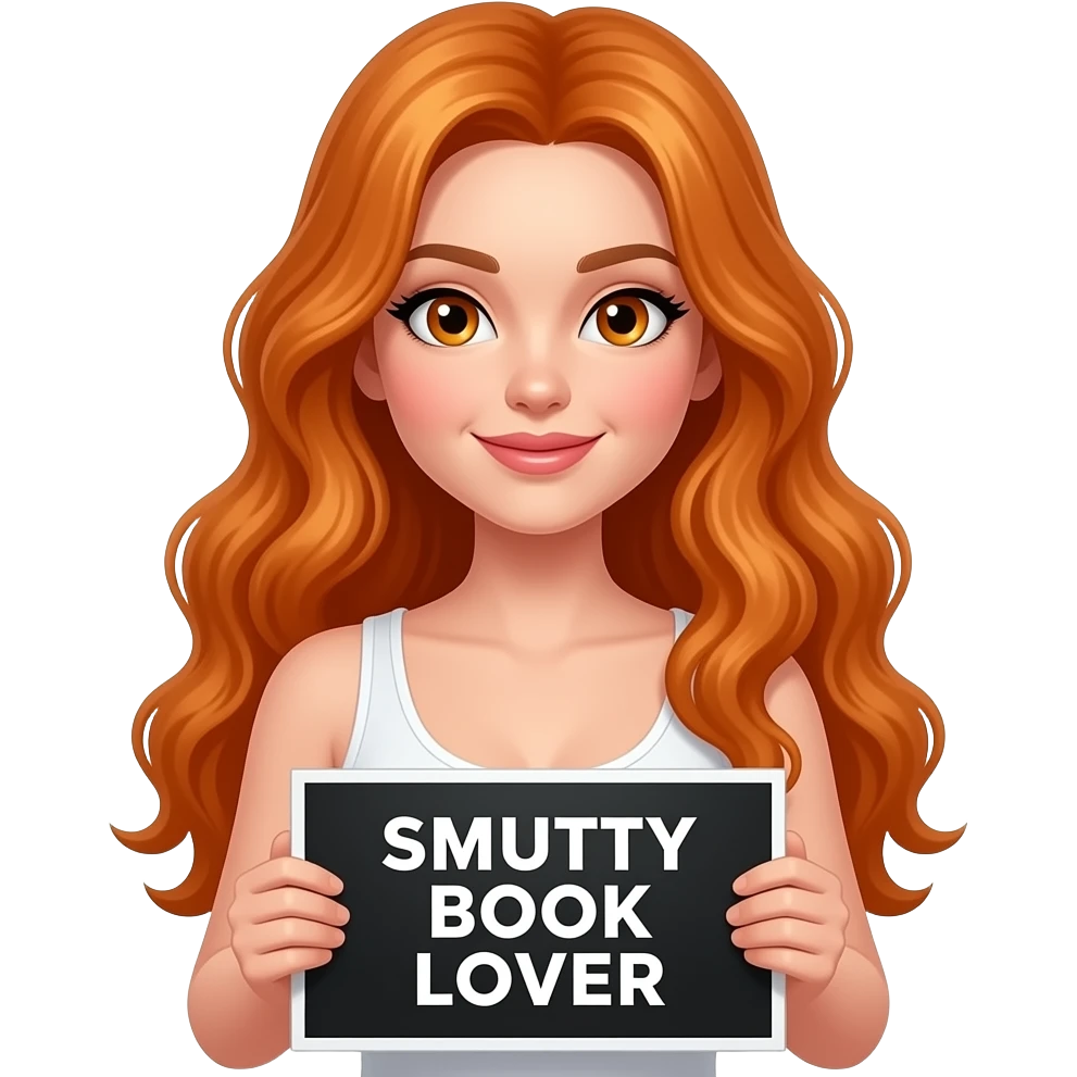 sexy girl with long wavy ginger hair and ginger eyes wearing a white tanktop is holding a black colored sign with SMUTTY BOOK LOVER written on it emoji