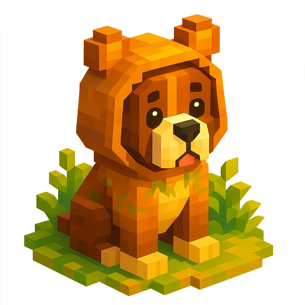 perro bóxer sentado, mirada tierna, buzo con capucha de orejas de osito marrón, iluminación golden hour, entorno natural con follaje, voxel style emoji