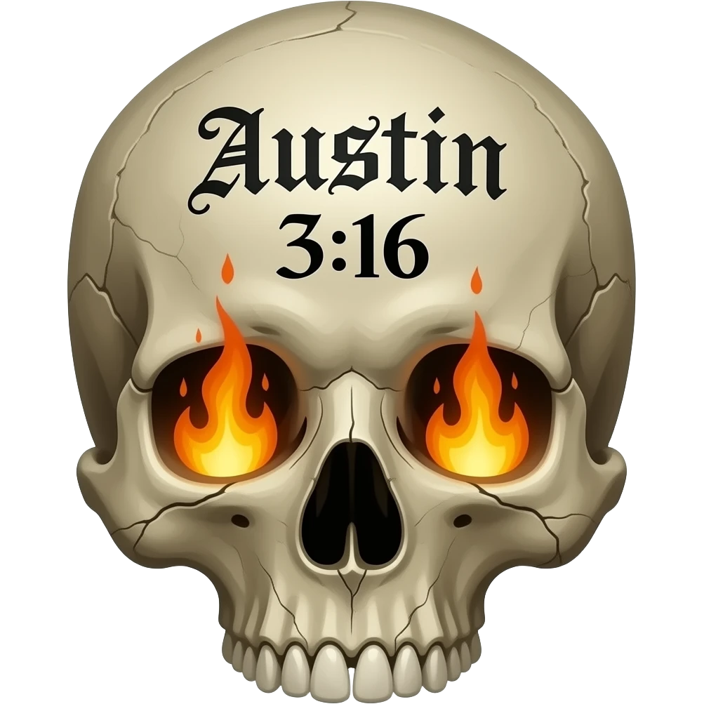 A whole human skull that has aged with the words Austin 3:16 in black ink, eye socket, and nose cavity need flames, words need to be carved in to its forehead in a Gothic font, show cracks, weathering, pieces missing emoji