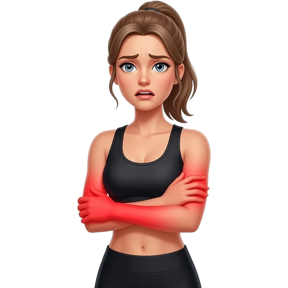 arm pain, full red glow covering both arms from shoulders to hands, woman holding one arm, fair-skinned woman, gray-blue eyes, ash brown brows, ash light brown hair tied back, slim athletic body, black workout set emoji