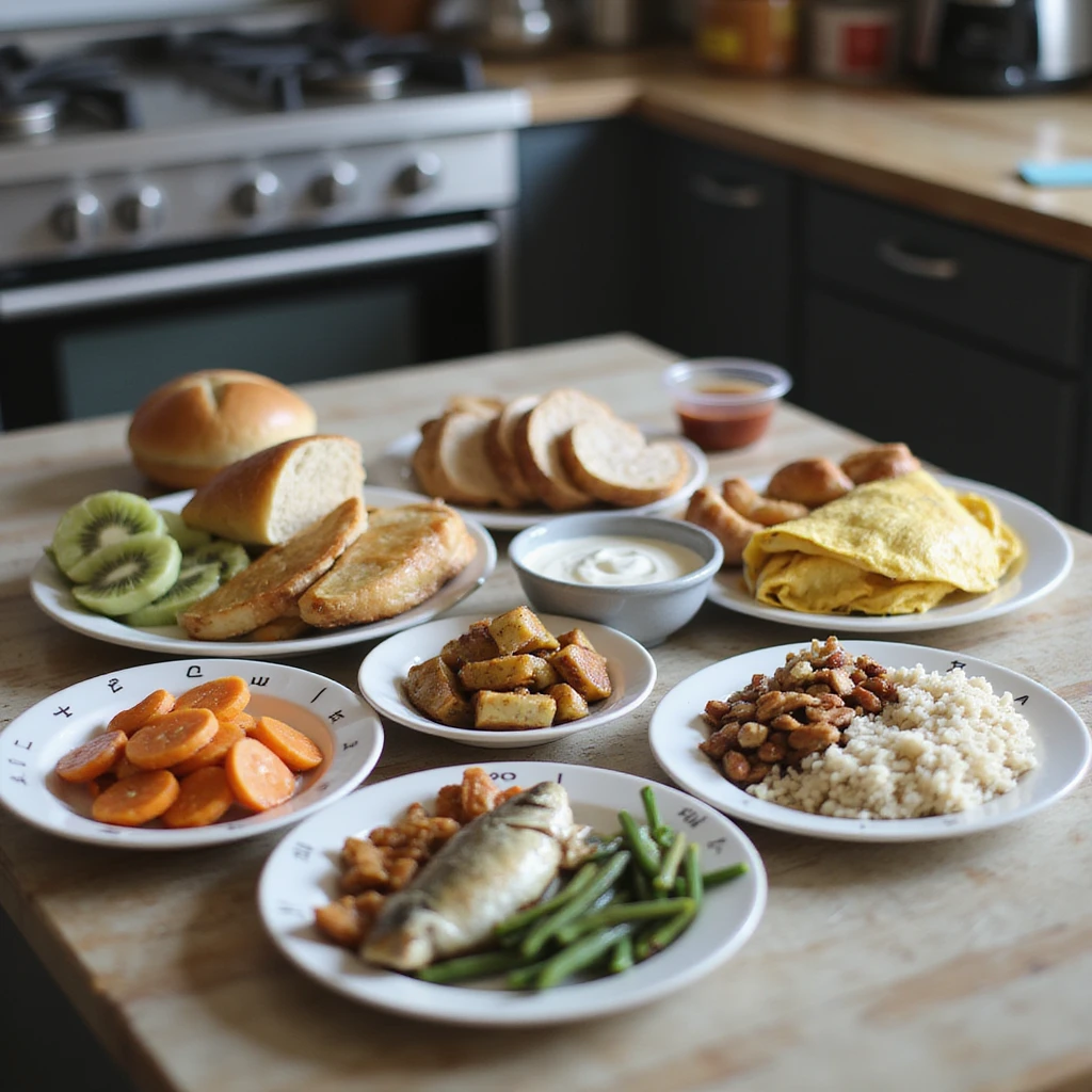 hyperrealistic 4K table with separate plates for 2000 calorie diet: breakfast with omelette, whole grain bread, kiwi; lunch with turkey, potatoes, carrots; dinner with mackerel, rice, green beans; snacks with yogurt, nuts, apple. Plates labeled with calories, modern kitchen atmosphere emoji