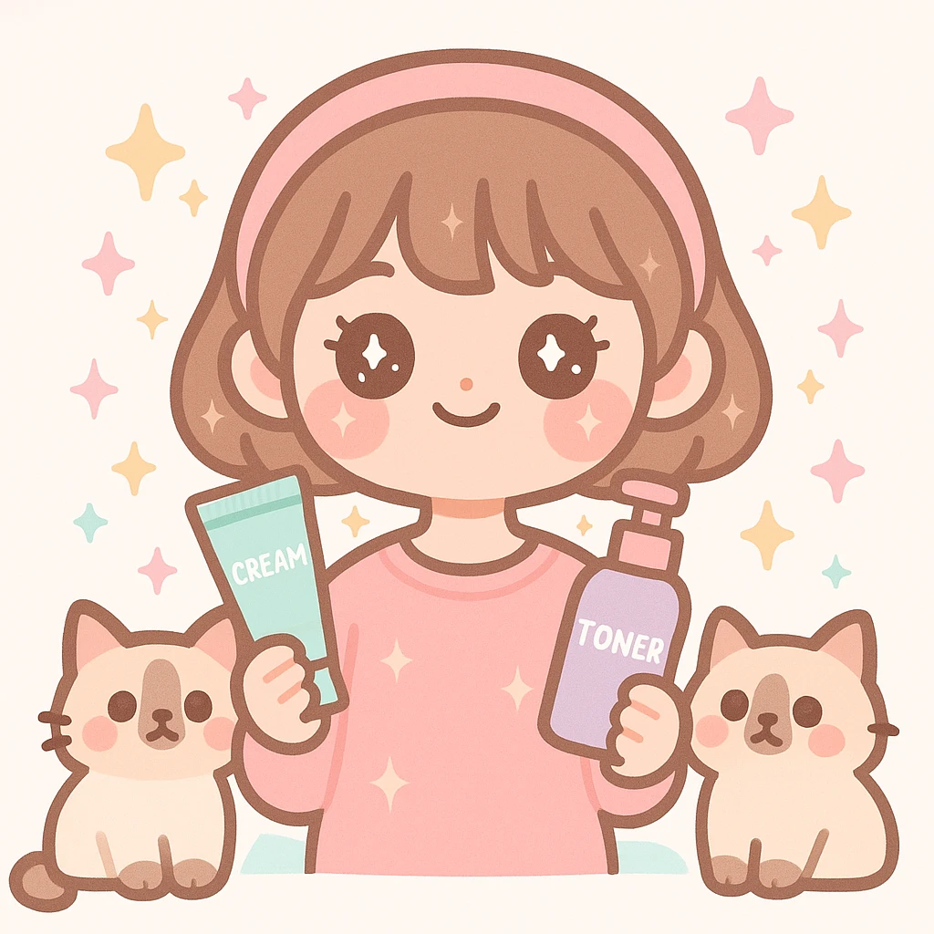 kawaii soft girl with short brown hair, pink makeup, skincare items, sparkles, and two fluffy light brown ragdoll cats, pink soft girl aesthetic emoji