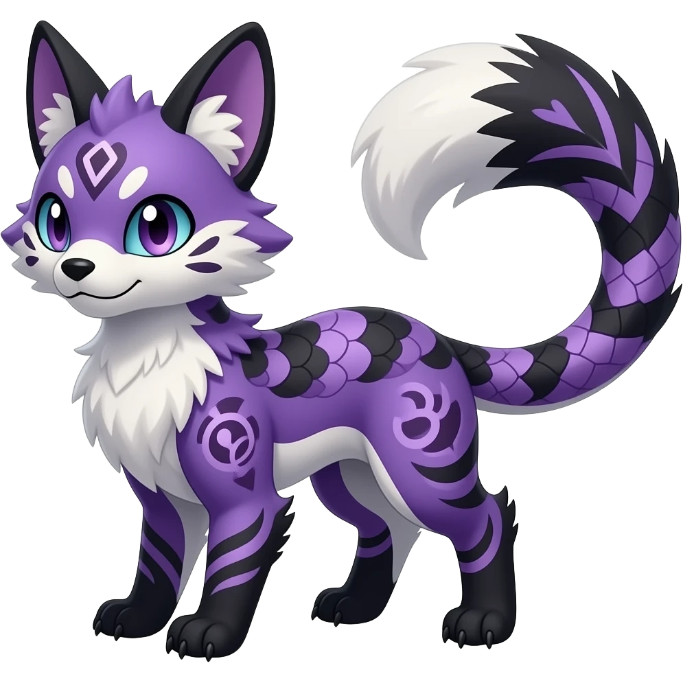 Furry, tribal-marked-patterned feathery fluffy tropical flecked painted feathery scaly, Purple, white, black, Minccino-Bambino-Lykoi-Linoone-Zangoose-fusion-hybrid-animal-Fakémon-creature, full body, thin long sleek scaly tail, intricate markings emoji