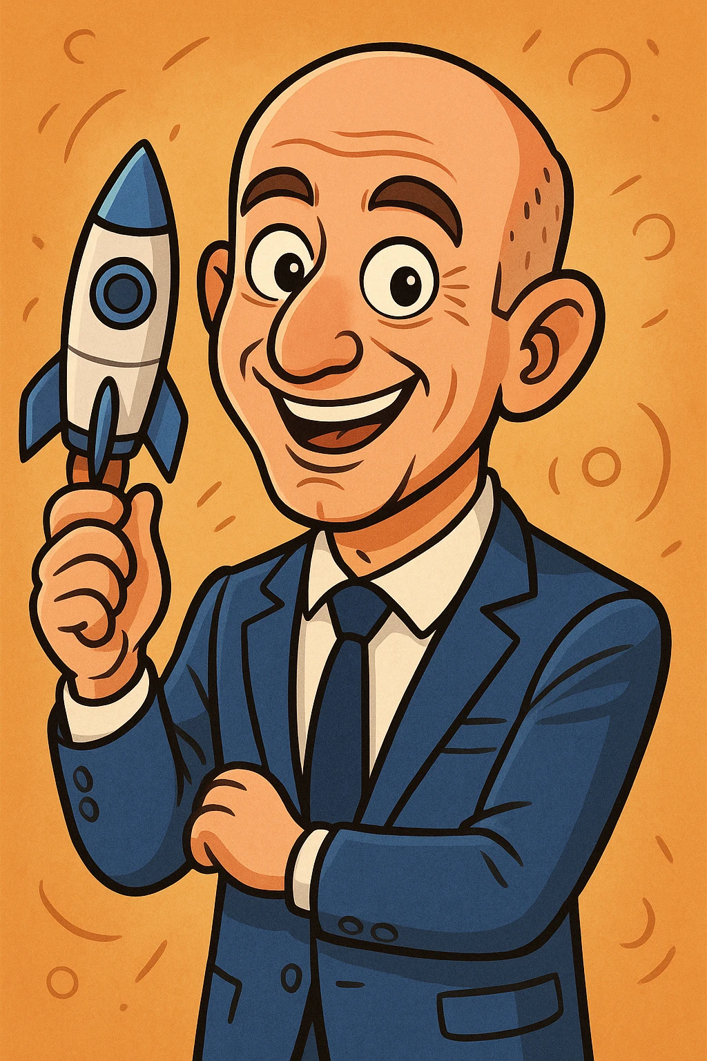 cartoon style portrait of Jeff Bezos, smiling, blue suit, holding a rocket, playful vibe emoji