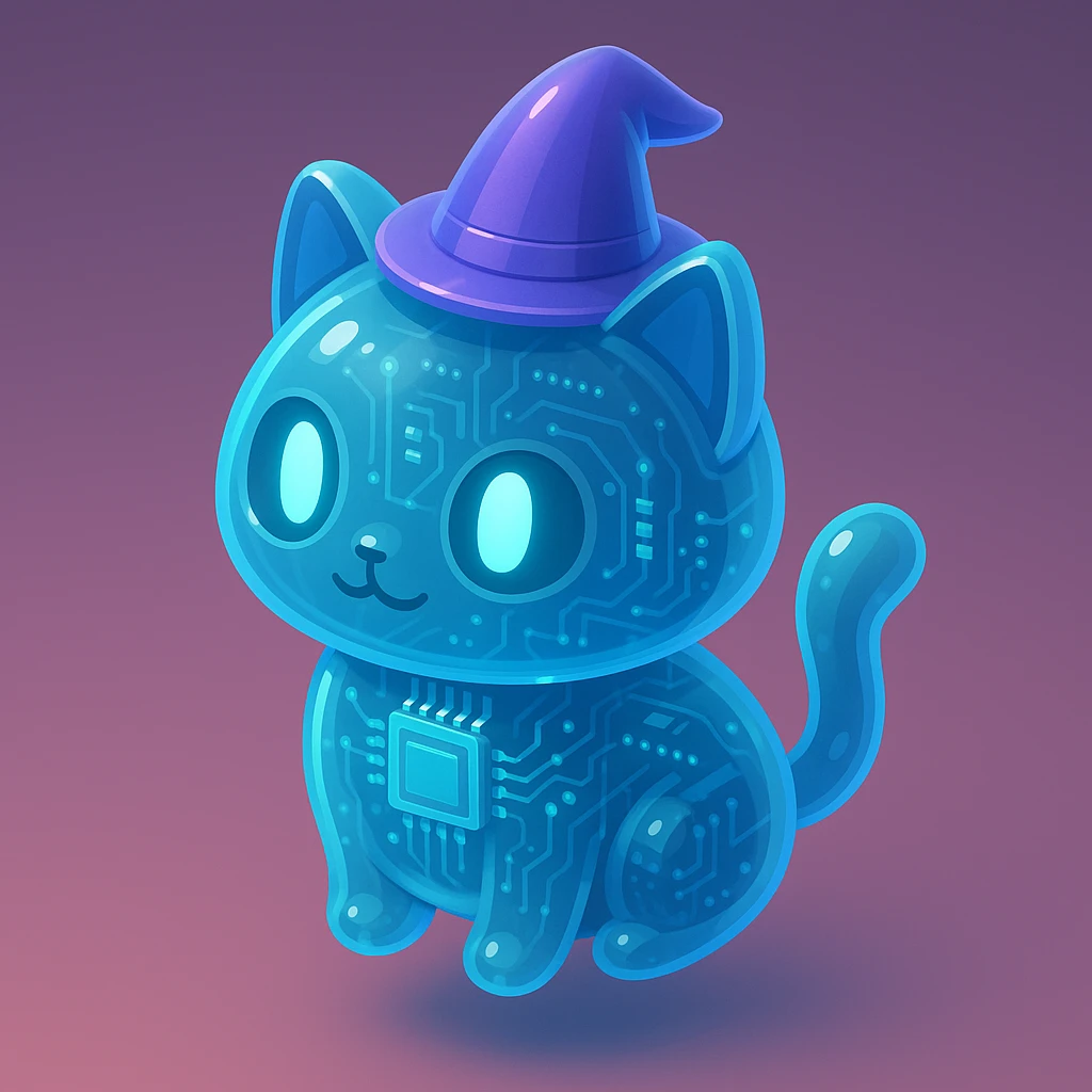 futuristic tech style AI helper cat with a magic hat on its head emoji