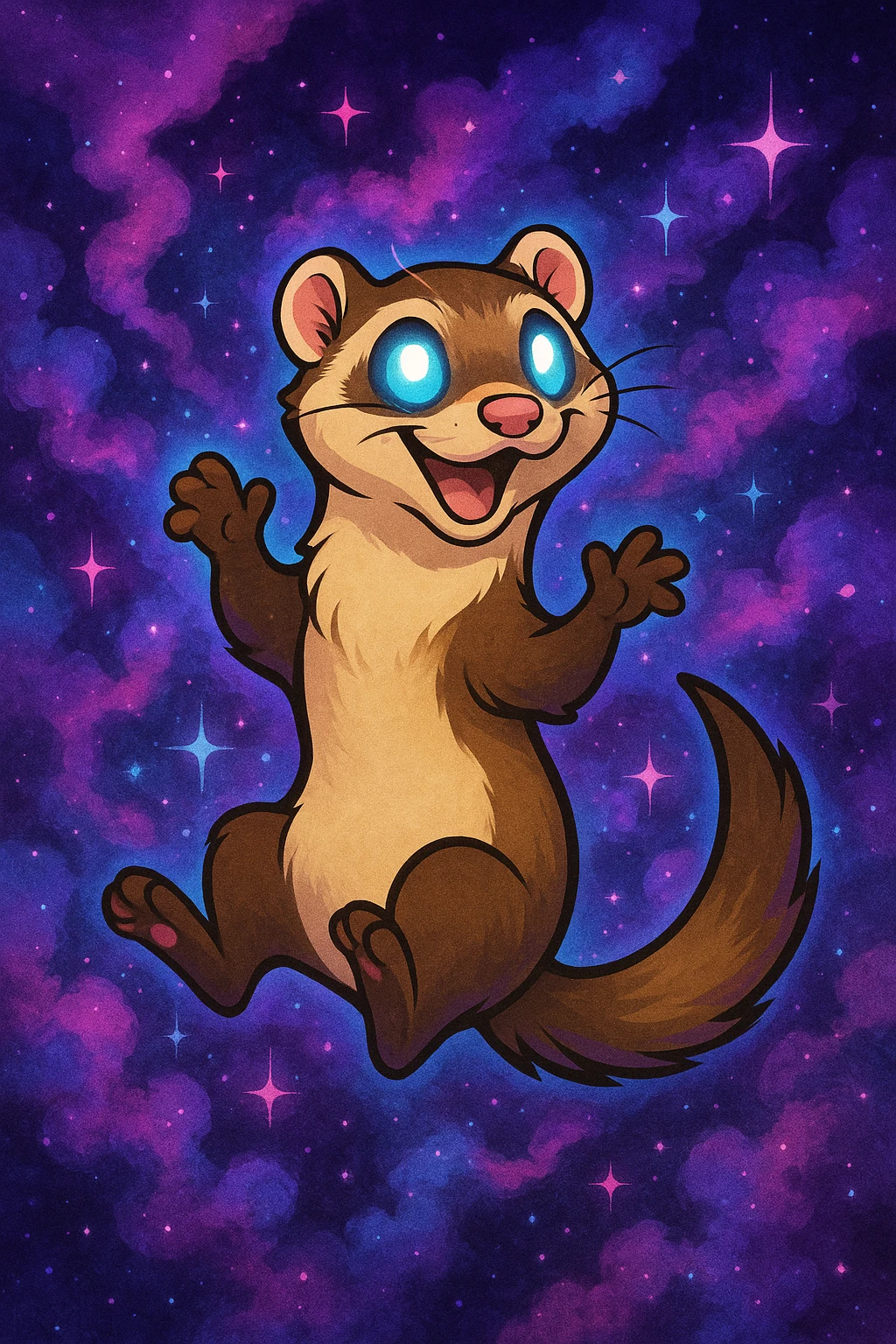void ferret, cartoon style, playful pose, surrounded by purple and blue nebula clouds, sparkles, glowing eyes emoji