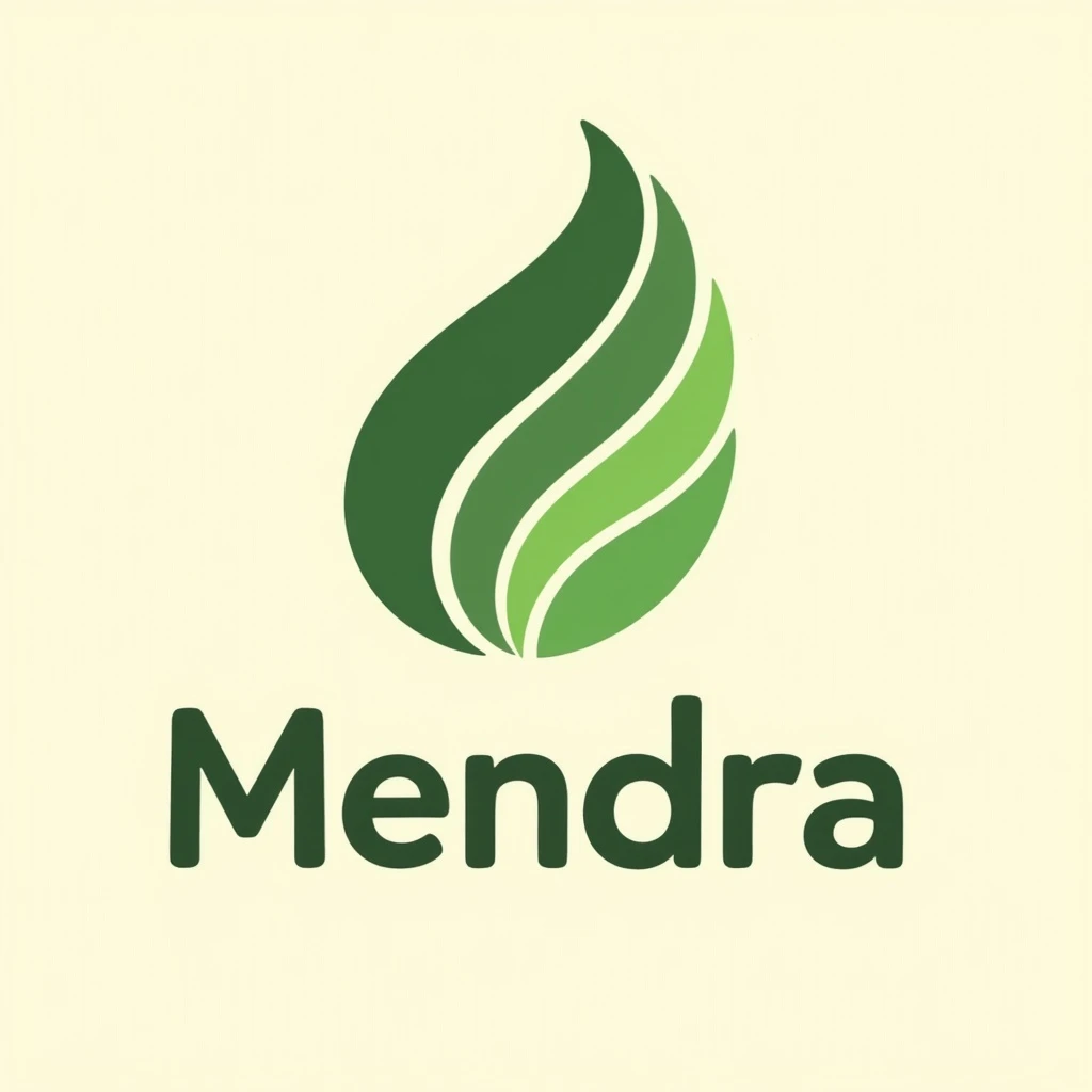 Logo for 'Mendra', organic foods and wellness. Leaf made of flowing green lines, upward curve for vitality. 'Mendra' below in modern sans-serif, vibrant green shades. Soft beige and pale green gradient background, Notion black doodle style. emoji