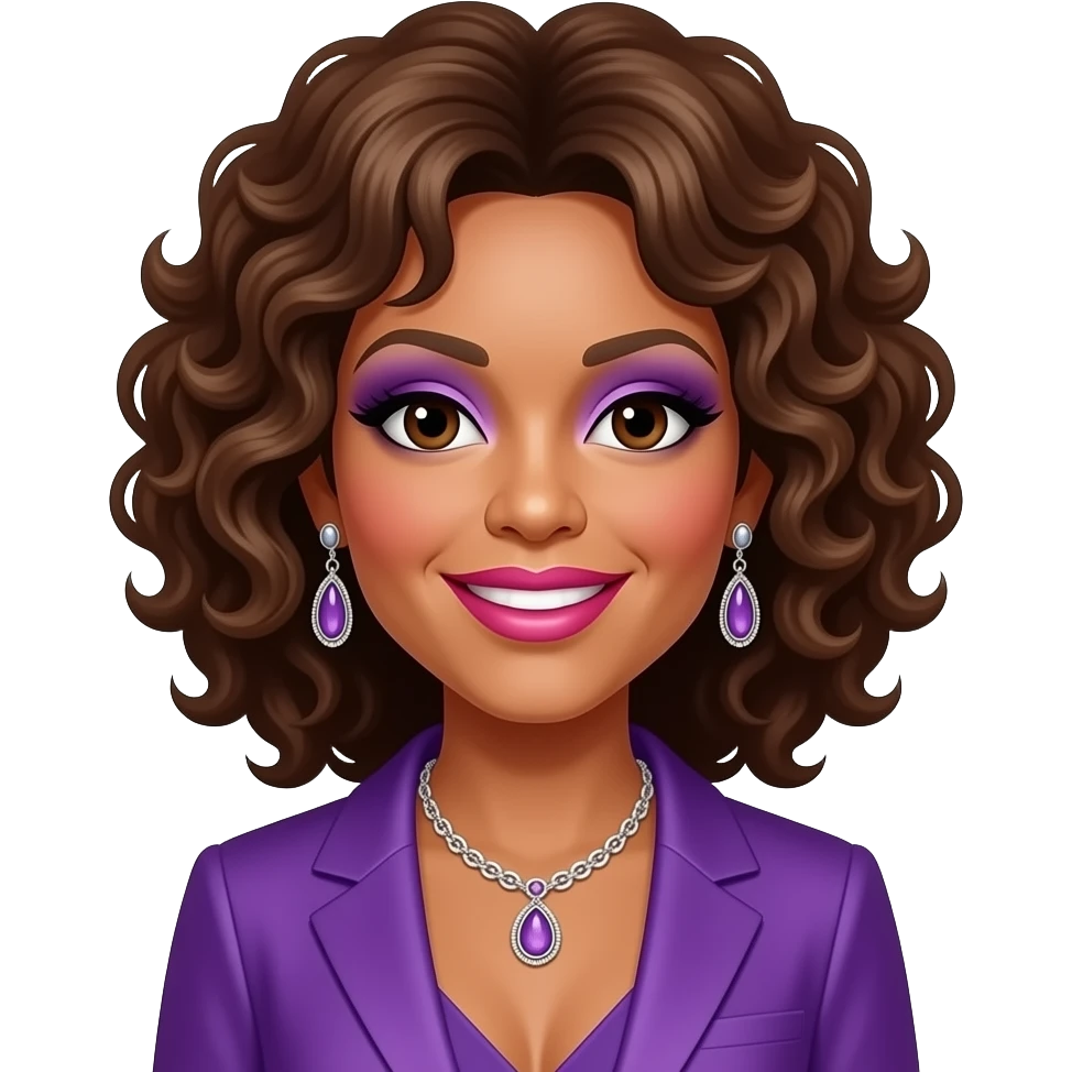 Whitney Houston with dark brown eyes, brown curly hair, purple eyeshadow, hot pink lipstick, purple pop idol outfit, necklace and earrings emoji