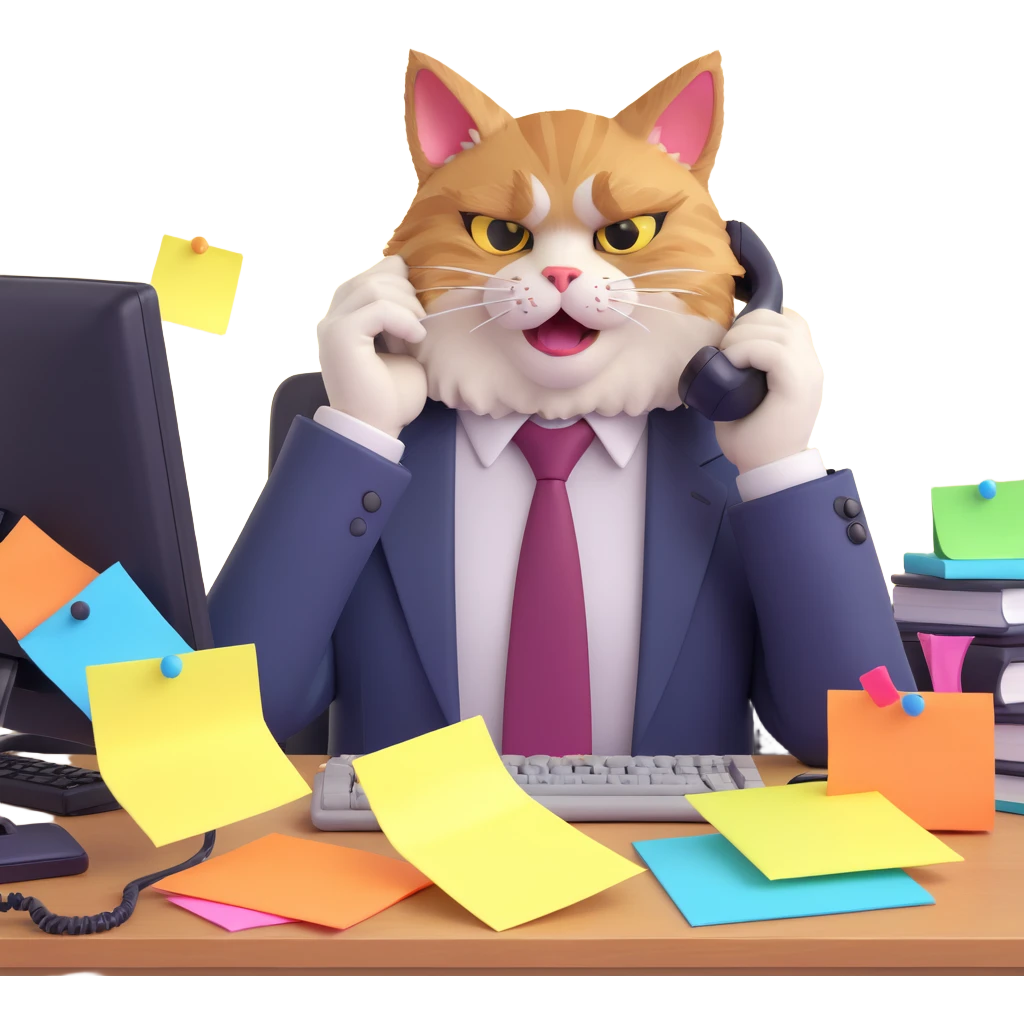 furious office cat with ruffled fur tie askew sitting at cluttered workstation facepalming in exasperation surrounded by sticky notes ringing phone fed up with endless dumb questions emoji