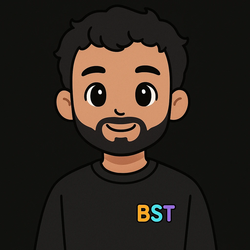 2D digital anime-style portrait of a young adult male with medium skin tone, short wavy black hair, almond-shaped black eyes, and a full beard. Wearing a plain black sweatshirt with the BST logo in vibrant colors (orange, teal, purple, blue) on the left chest. Solid black background. Facing forward with a slight smile (no teeth). Soft and flat lighting, clean anime lines, smooth shading. Professional, cohesive team style. emoji