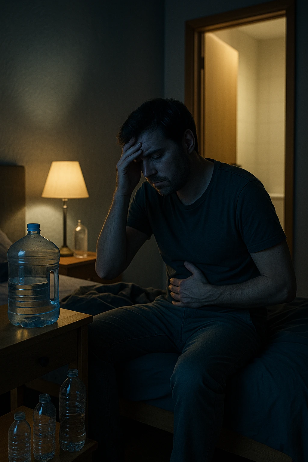 A cinematic scene of a man in his 30s sitting on the edge of his bed at night, clearly tired and frustrated. On his nightstand are several empty water bottles and a large reusable water jug, suggesting excessive hydration. A dim lamp casts soft shadows in the room, and the door to the bathroom is open with light spilling out — symbolizing repeated nightly visits. The man holds his head in one hand, while the other rests on his abdomen, eyes heavy with fatigue. The atmosphere is quiet and introspective. Cool color grading with deep blues and pale yellows enhances the nighttime mood. Style: 35mm cinematic realism, with attention to emotional detail and ambient lighting emoji