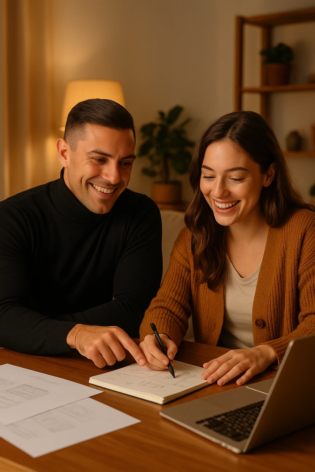 a man and woman work together on a project at home, with the man offering guidance and the woman actively participating and contributing ideas. Their expressions show teamwork and satisfaction, highlighting the benefits of collaboration and shared leadership. The setting is warm and inviting. emoji
