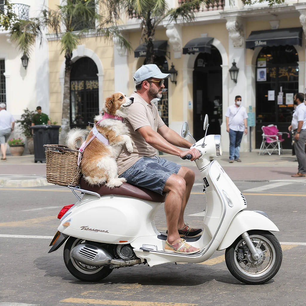 man and his pet dog riding a vespa emoji