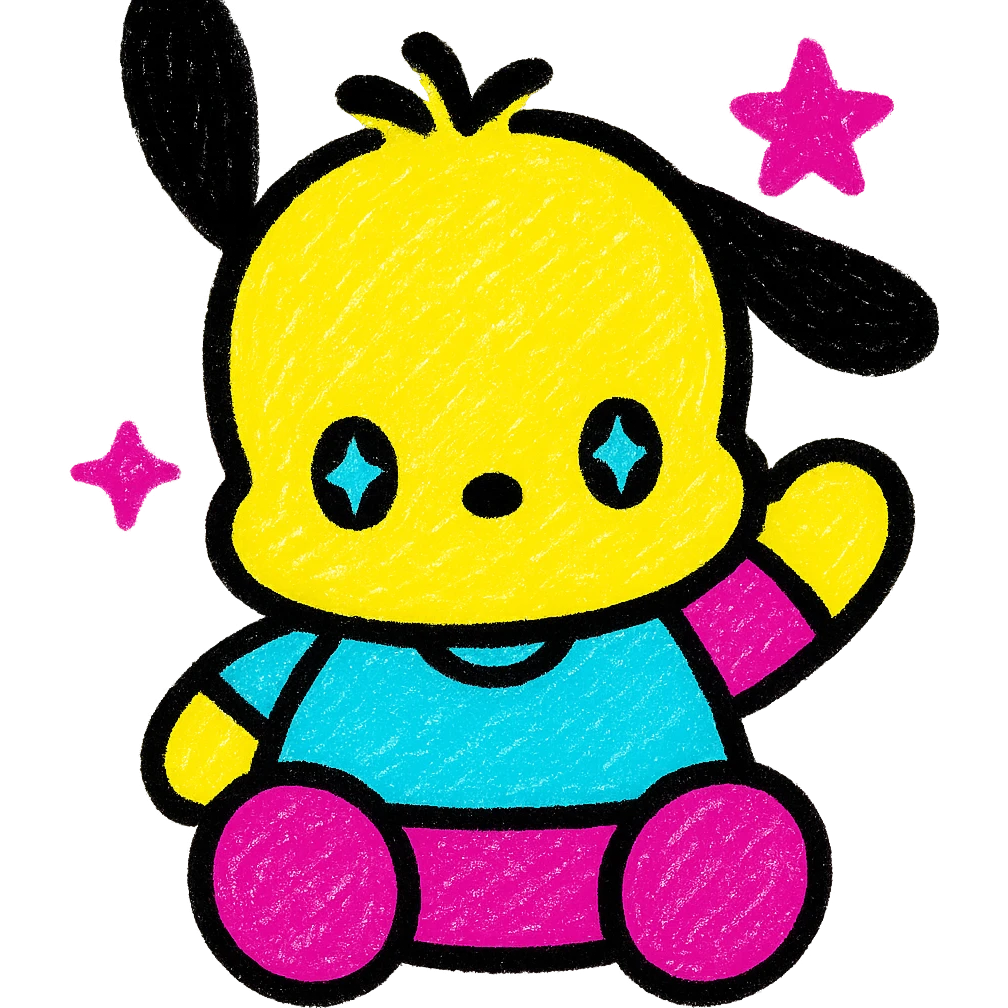 Sanrio Pochacco as a cute Popmart doll emoji, waving, sparkly eyes, plush toy details, soft and cuddly look emoji