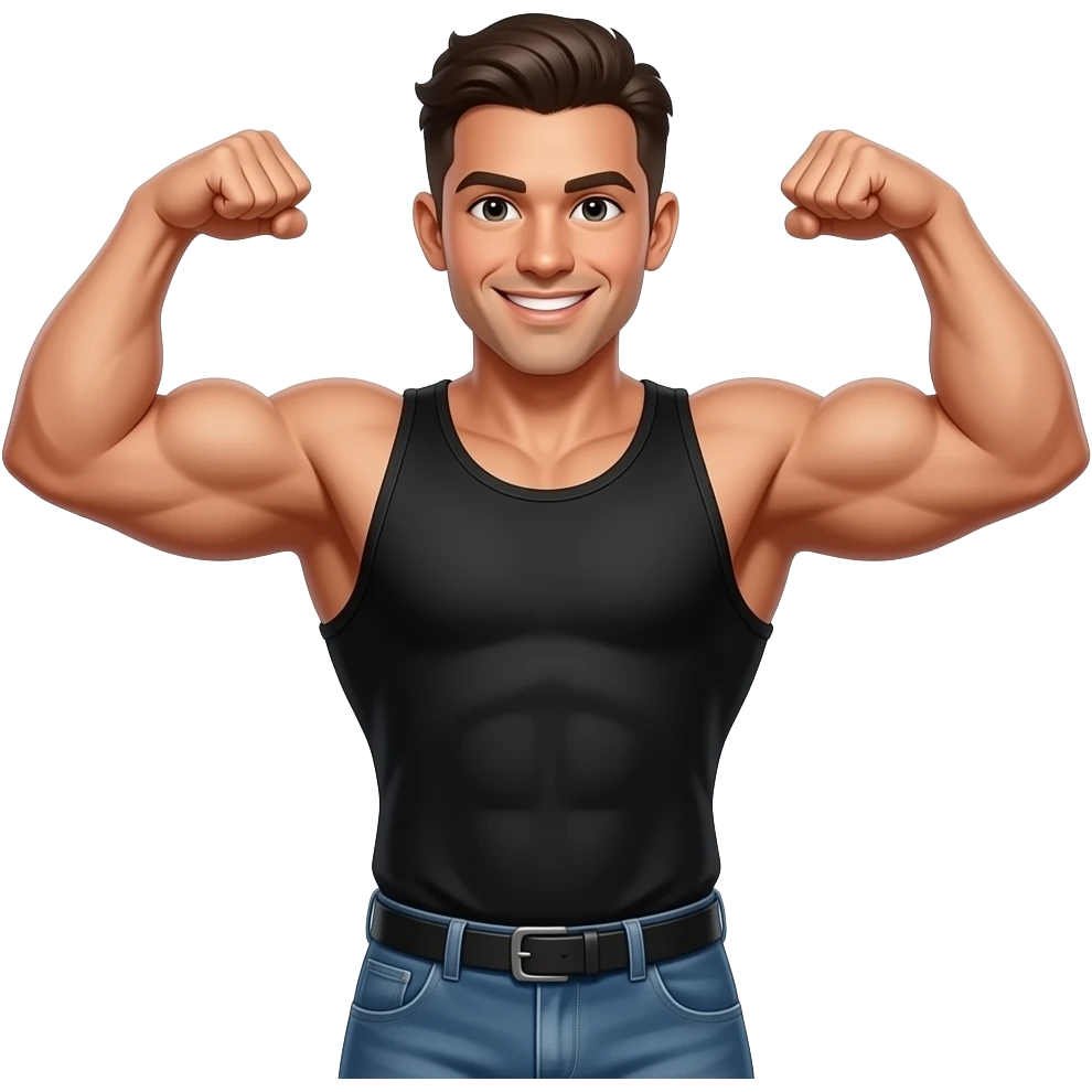 ultra muscled, strong slightly tanned man flexing with biceps, dressed in black wifebeater shirt, visible till torso, smiling emoji