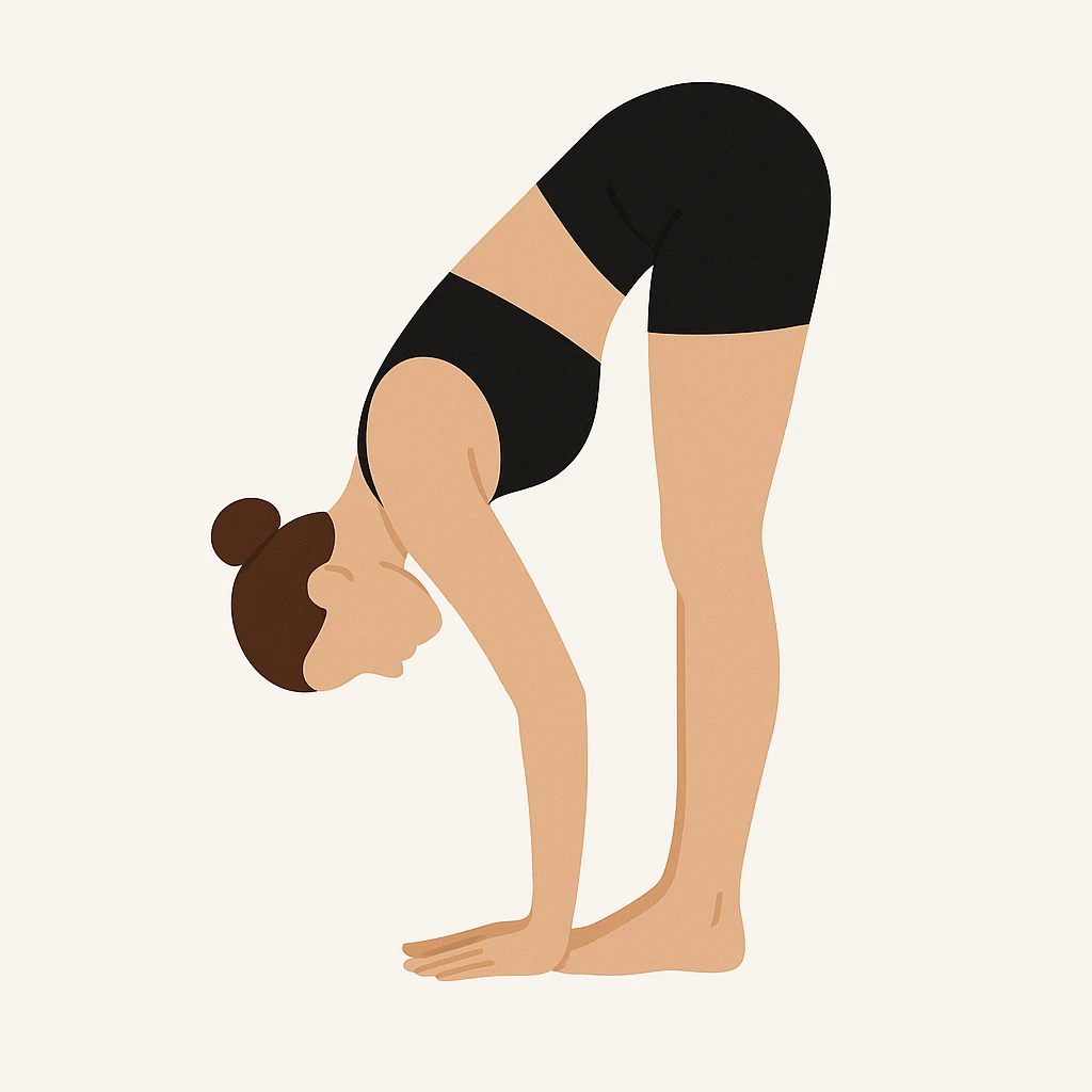 Minimalist flat vector illustration of a woman doing yoga in forward fold pose (Vrischikasana), wearing sportswear (black top and black shorts), brown hair in a bun, clean white background, no face details, elegant style emoji