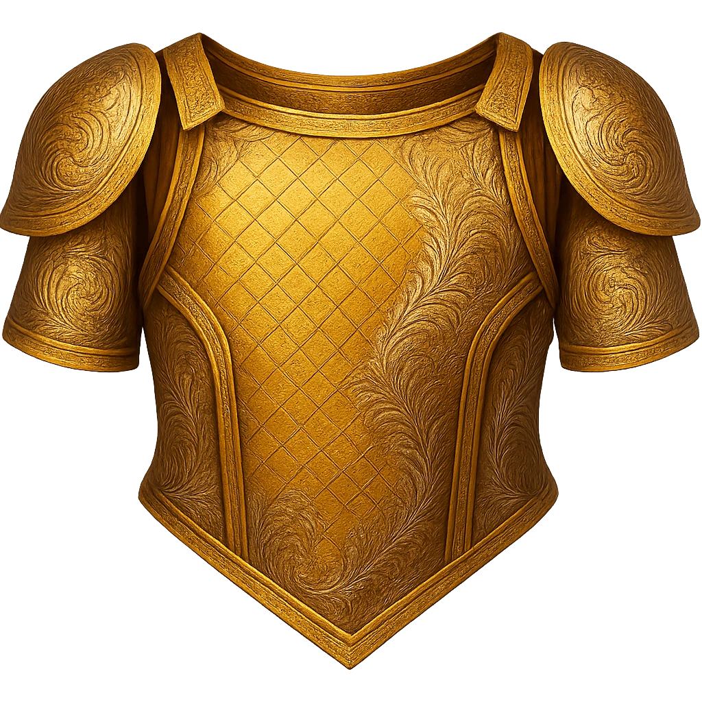 Recolor this armor to a plated gold color with ornate engravings inlaid with silver. The gold should be rich and metallic, and the engravings should have a bright, reflective silver finish. Keep the exact shape and proportions of the original armor. Transparent background. The original style is armor illustration. emoji