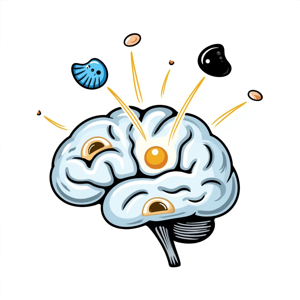 A crystalline brain with pieces of blue fish, egg yolk and fermented soy floating in a spiral around it. Thin light beams connect these foods to bright points on the brain, dissipating mental fog and creating clarity. emoji