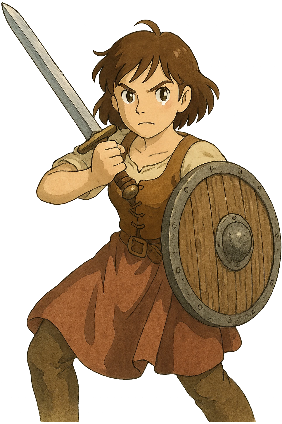 a warrior maiden with a sword and shield, common tavern clothing, eye gleam, defense stance, repose emoji
