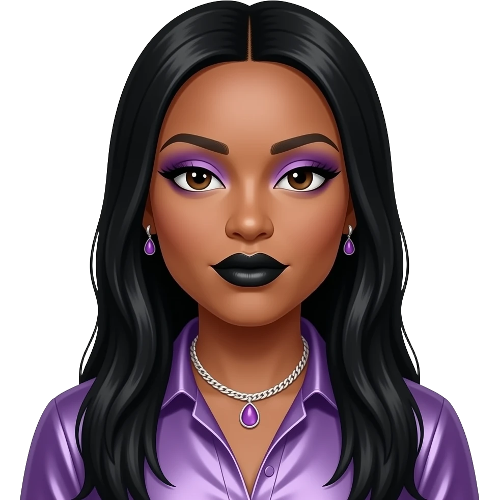Missy Elliott with dark brown eyes, long black hair, purple eyeshadow, black lipstick, purple metallic shirt, lilac necklace and earrings emoji