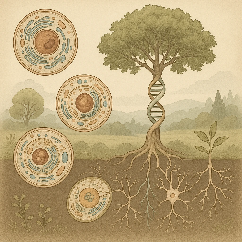 A realistic biological illustration showing: DNA strands transitioning into a tree, cells with visible organelles, neurons connected to plant roots  and a balanced ecosystem background . Seamless integration, no labels or borders. Scientific color scheme, detailed but minimalist. emoji