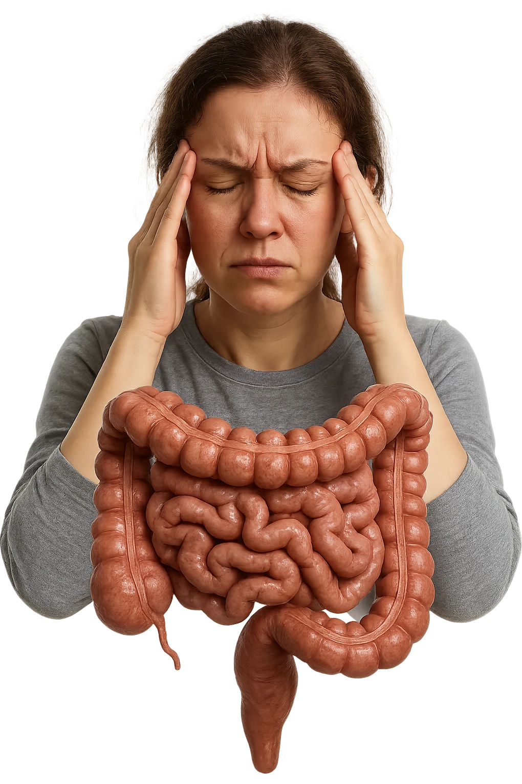 donna molto stanca e stressata che si massaggia le tempie con intestino umano anatomico realistico in evidenza, sfondo bianco, iperrealistico 4k emoji