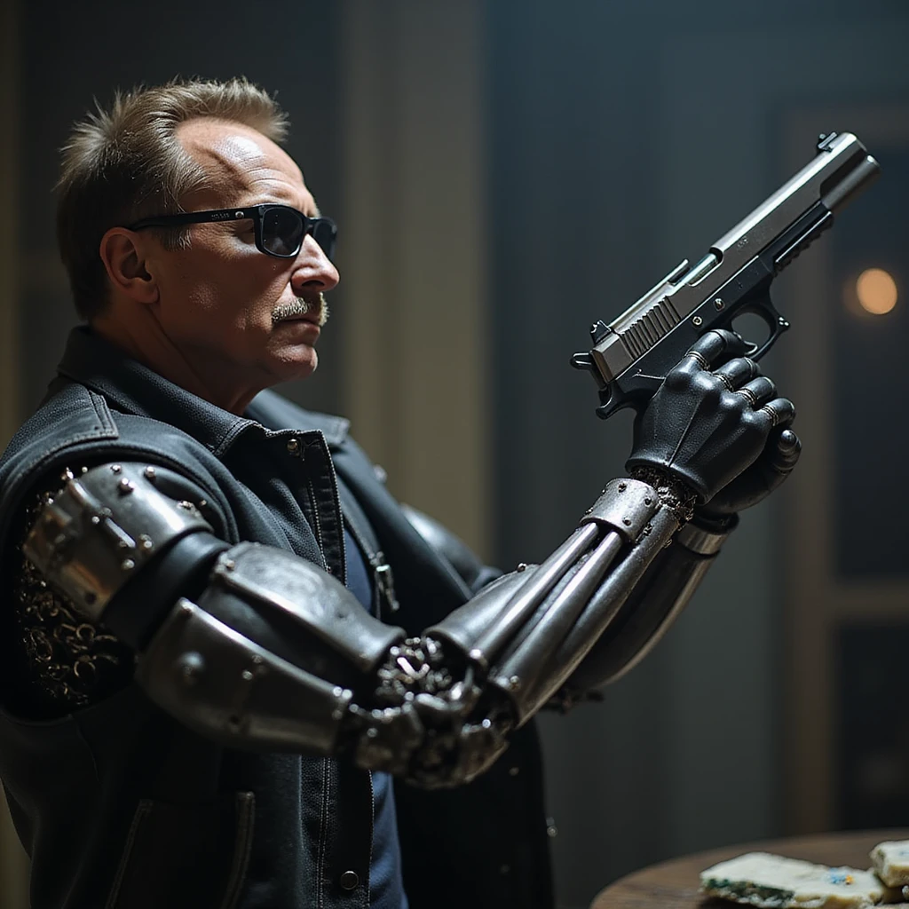 realistic style, Terminator (Arnold Schwarzenegger) aiming a gun upward, metallic endoskeleton details visible, cinematic look emoji