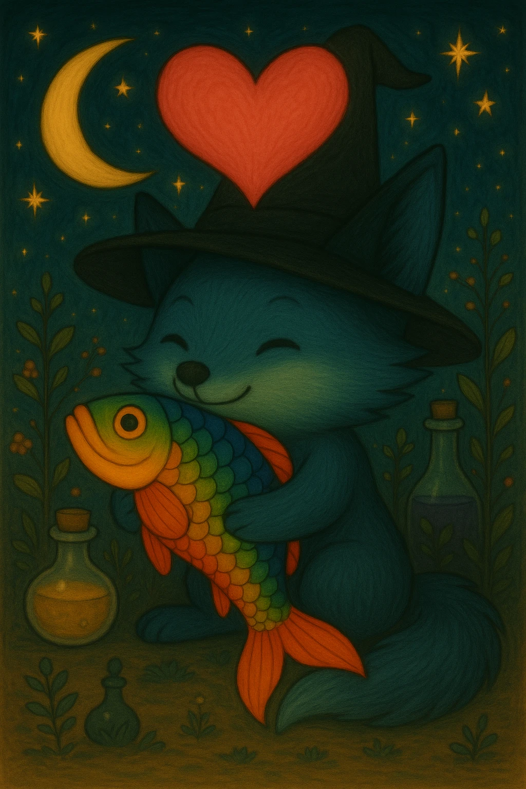 Add a classic black witch hat to the blue fox, keep the magical, witchy background and big pink heart, in ghibli style. emoji